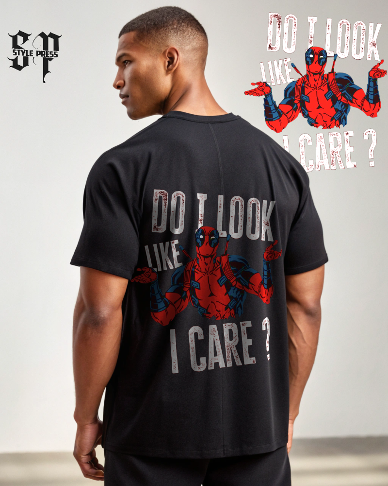 Men’s Oversized Black T-Shirt with Deadpool Graphic – “Do I Look Like I Care?” | Style Press